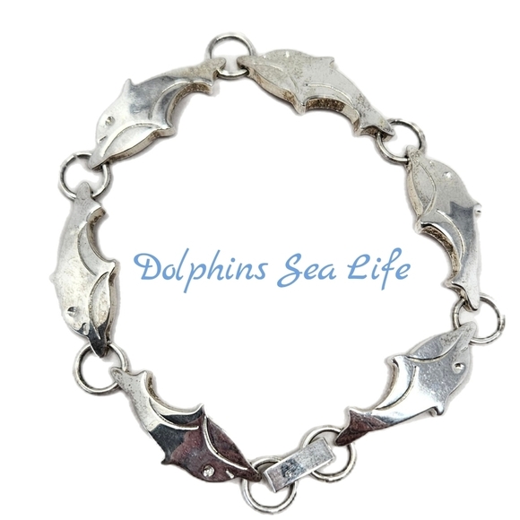 Dolphins Sea Life Love Sterling 925 Silver Wrist Linked Bracelet 7.5 Inches - Picture 1 of 7